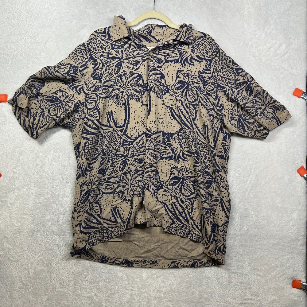 Honolulu Lulu Hawaiian Shirt Men's Tan Navy Tropical Silk Button Up Beach - XL